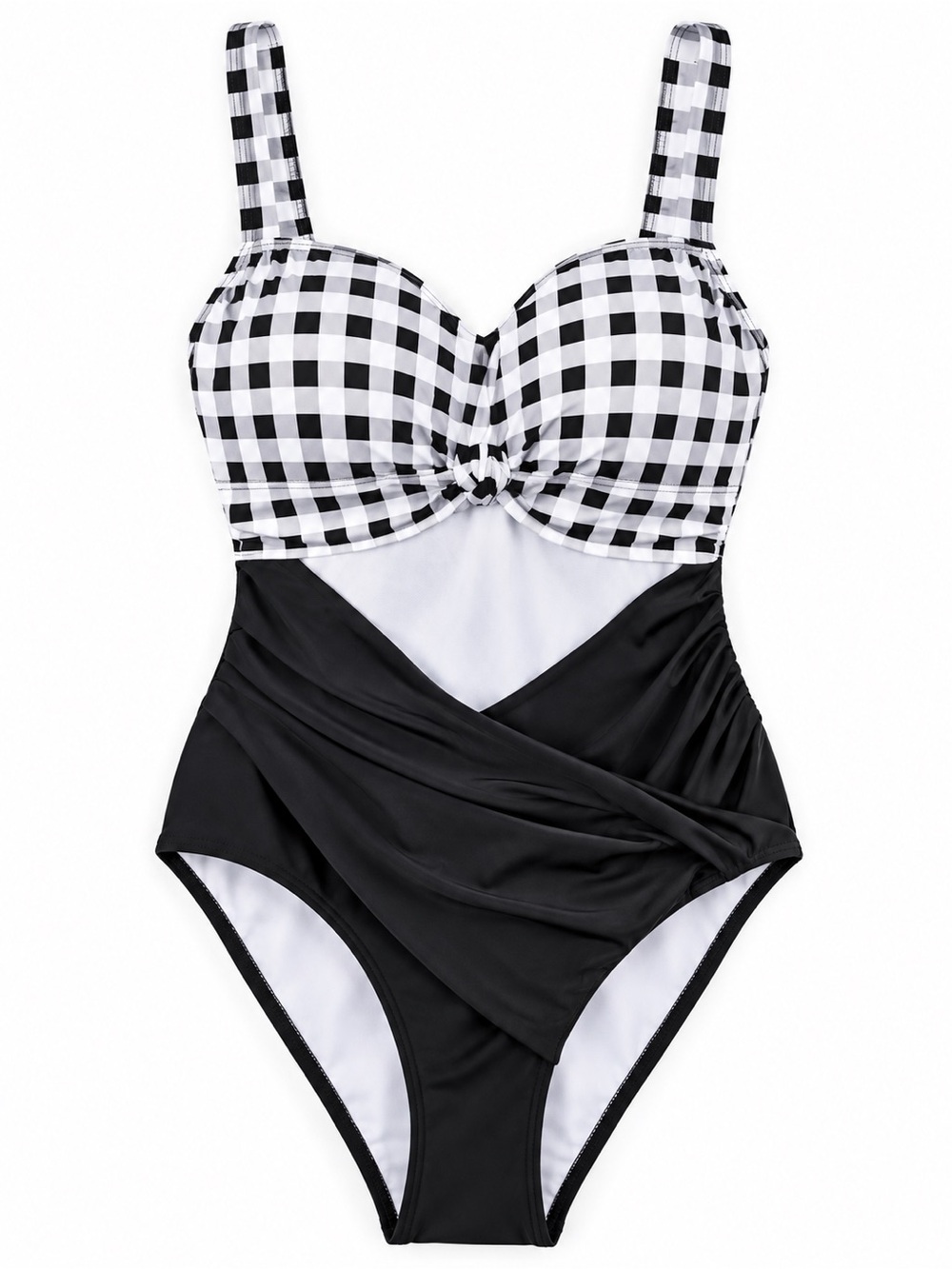 NWT Eomenie Black White Gingham Tummy Control One Piece Swimsuit M